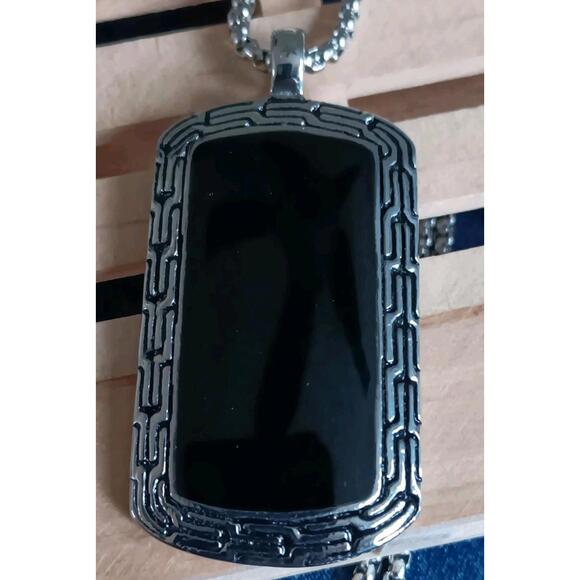 Black Pendant W/Metallic Greek Key Border W/ Earrings - Picture 2 of 7